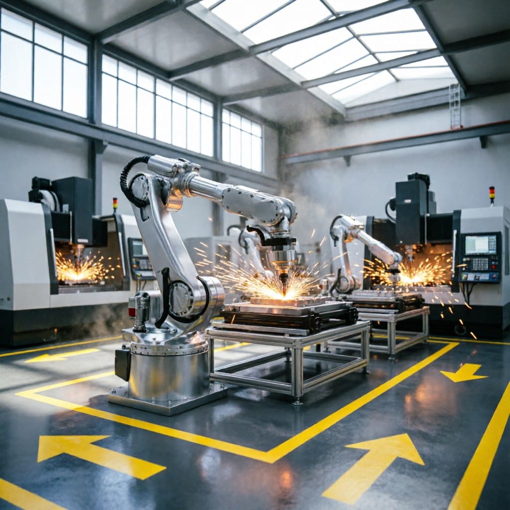 Robotic arms integrated into precision-machined aluminum alloy shells on active production line