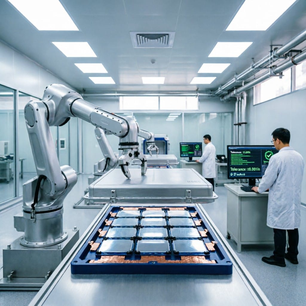 Robotic assembly of EV battery packs using aluminum alloy shells with CNC +/-0.001in tolerance in a Dongguan factory