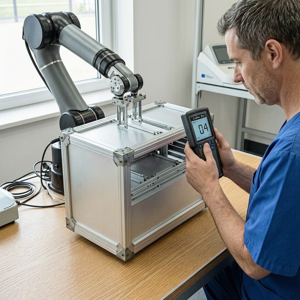 Robotic assembly of medical device using color-consistent aluminum enclosures verified by Delta-E meter