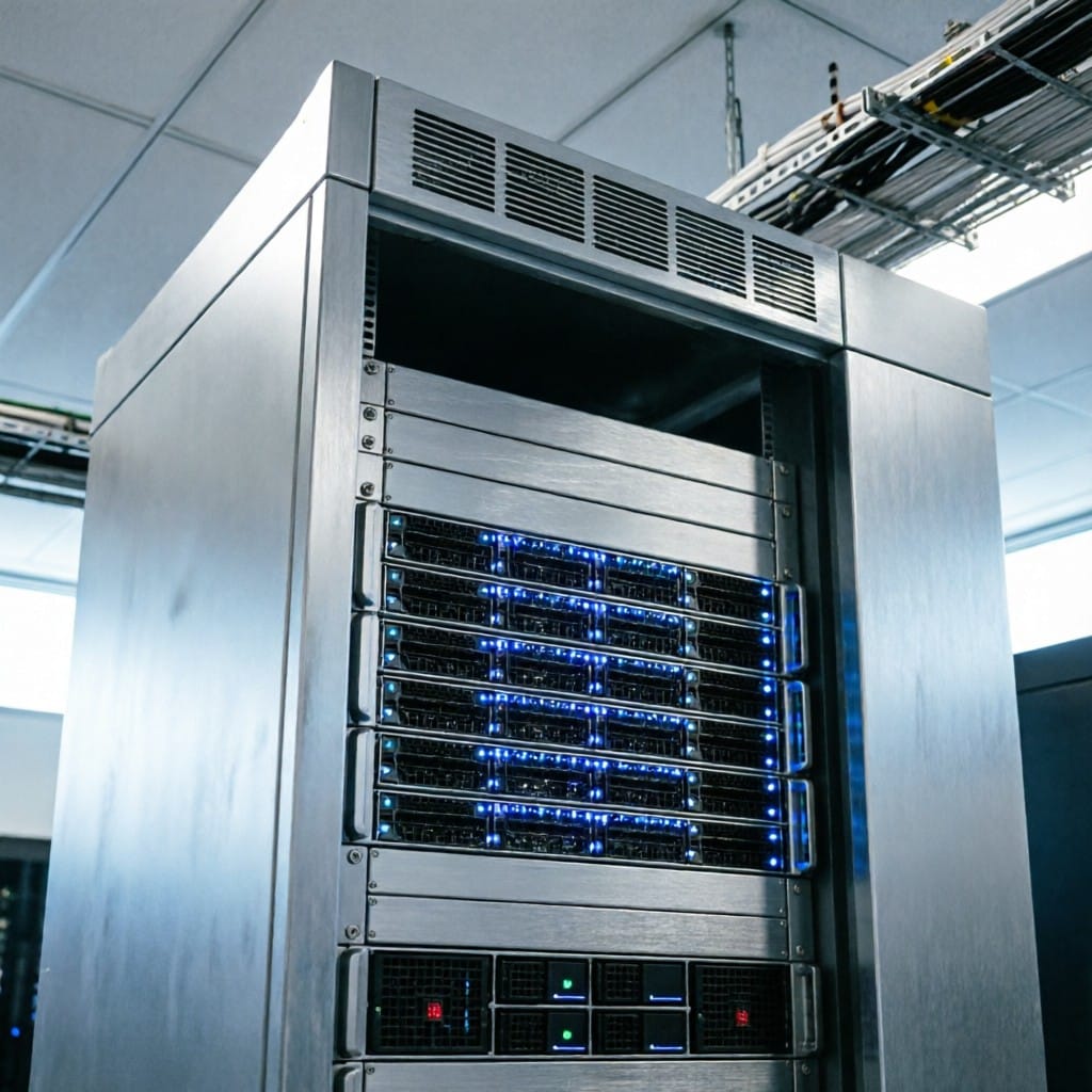 Server rack with aluminum alloy shell components in operational data center environment
