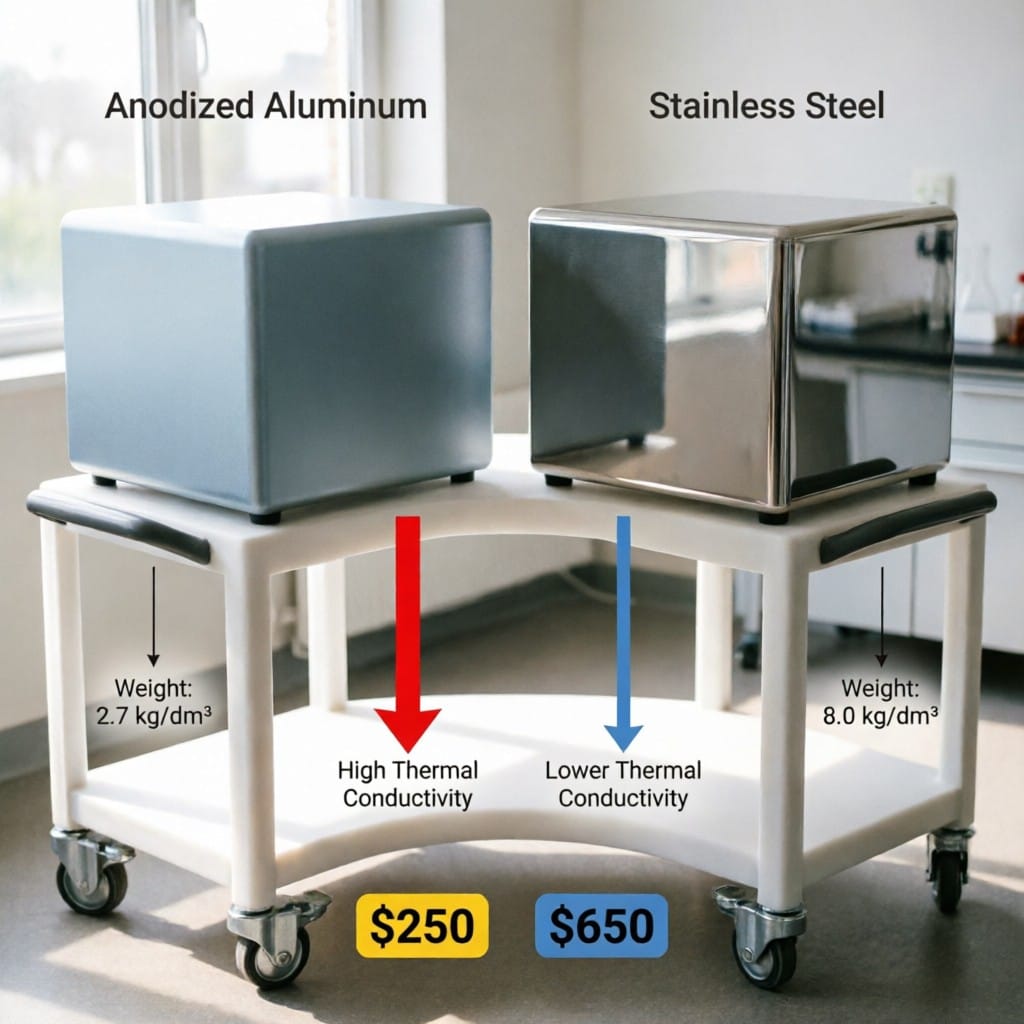 Side-by-side anodized aluminum vs stainless steel enclosure comparison with weight, thermal, and cost metrics