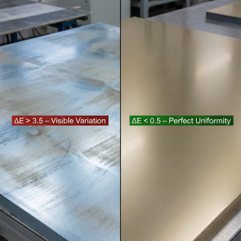 Side-by-side comparison of standard vs precision anodized aluminum shells with ΔE measurements displayed