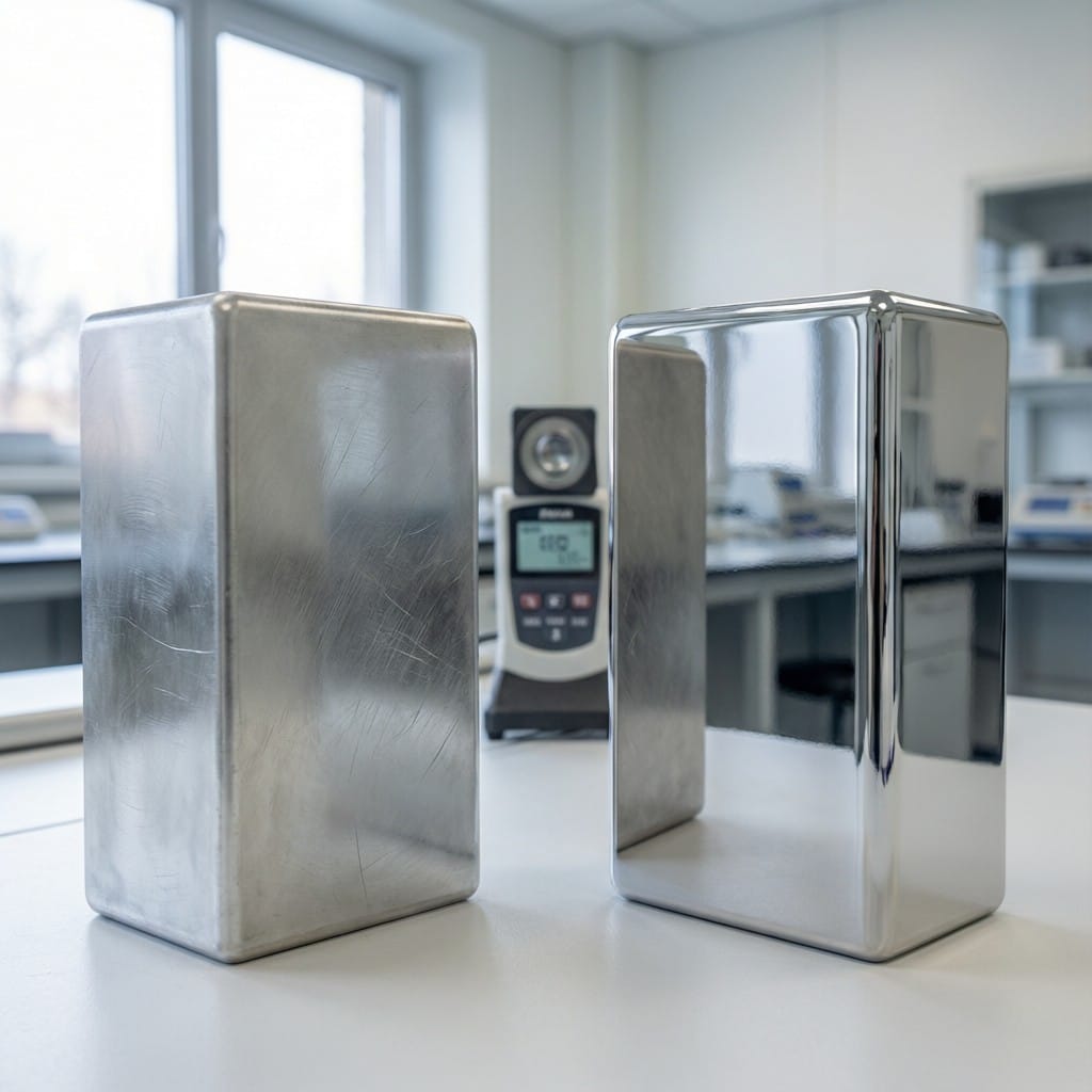 Side-by-side reflectivity comparison between mechanically polished and electropolished aluminum alloy shells