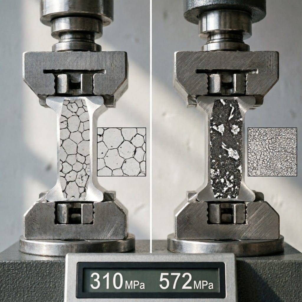 Side-by-side tensile test comparison of 6061-T6 and 7075-T6 aluminum alloys with digital readouts