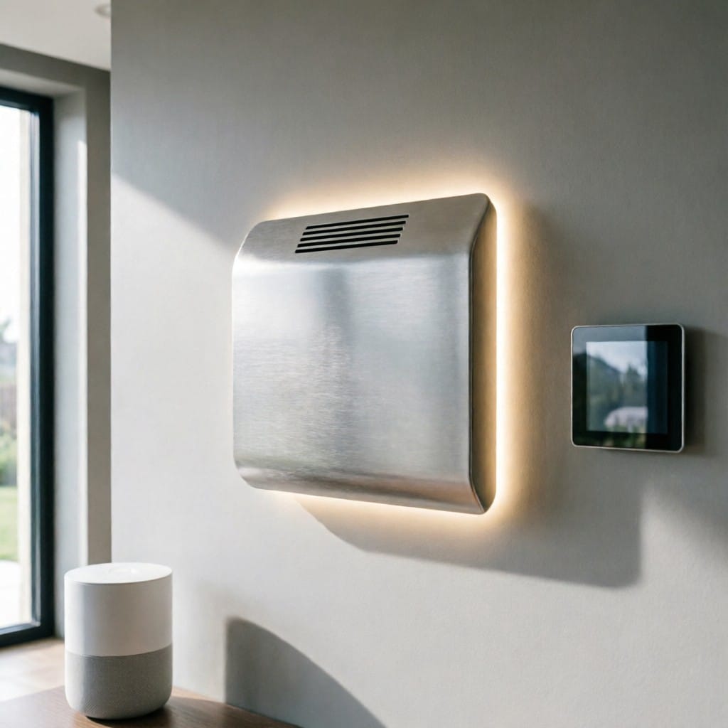 Smart home hub with aluminum enclosure integrated into modern living space