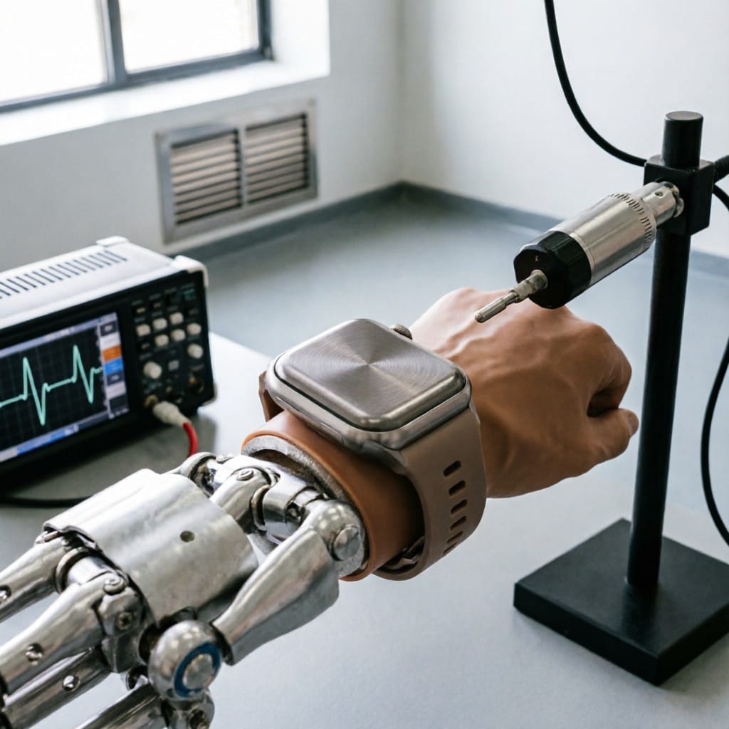 Smartwatch with aluminum 7075 casing undergoing robotic stress testing in lab environment