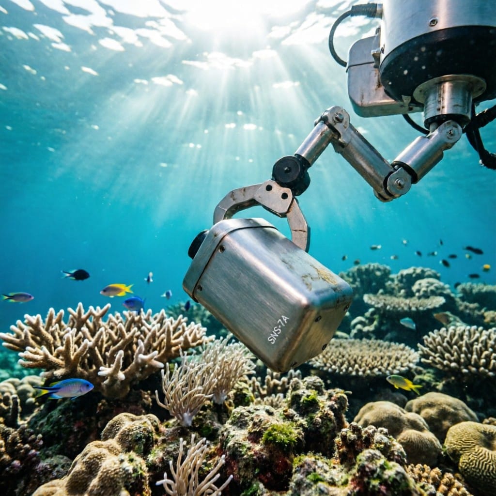 Subsea ROV installing aluminum alloy sensor housing in marine environment