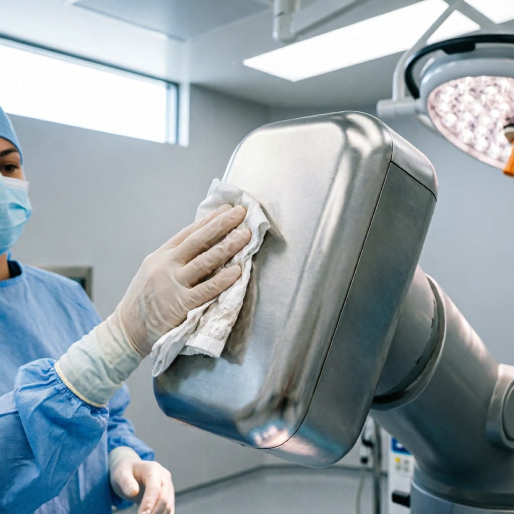 Surgical robot with aluminum housing being disinfected in OR
