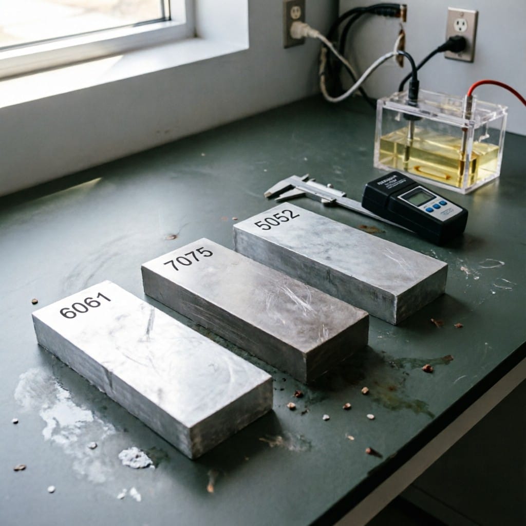 Technical comparison of aluminum alloys 6061, 7075, and 5052 with measurement tools