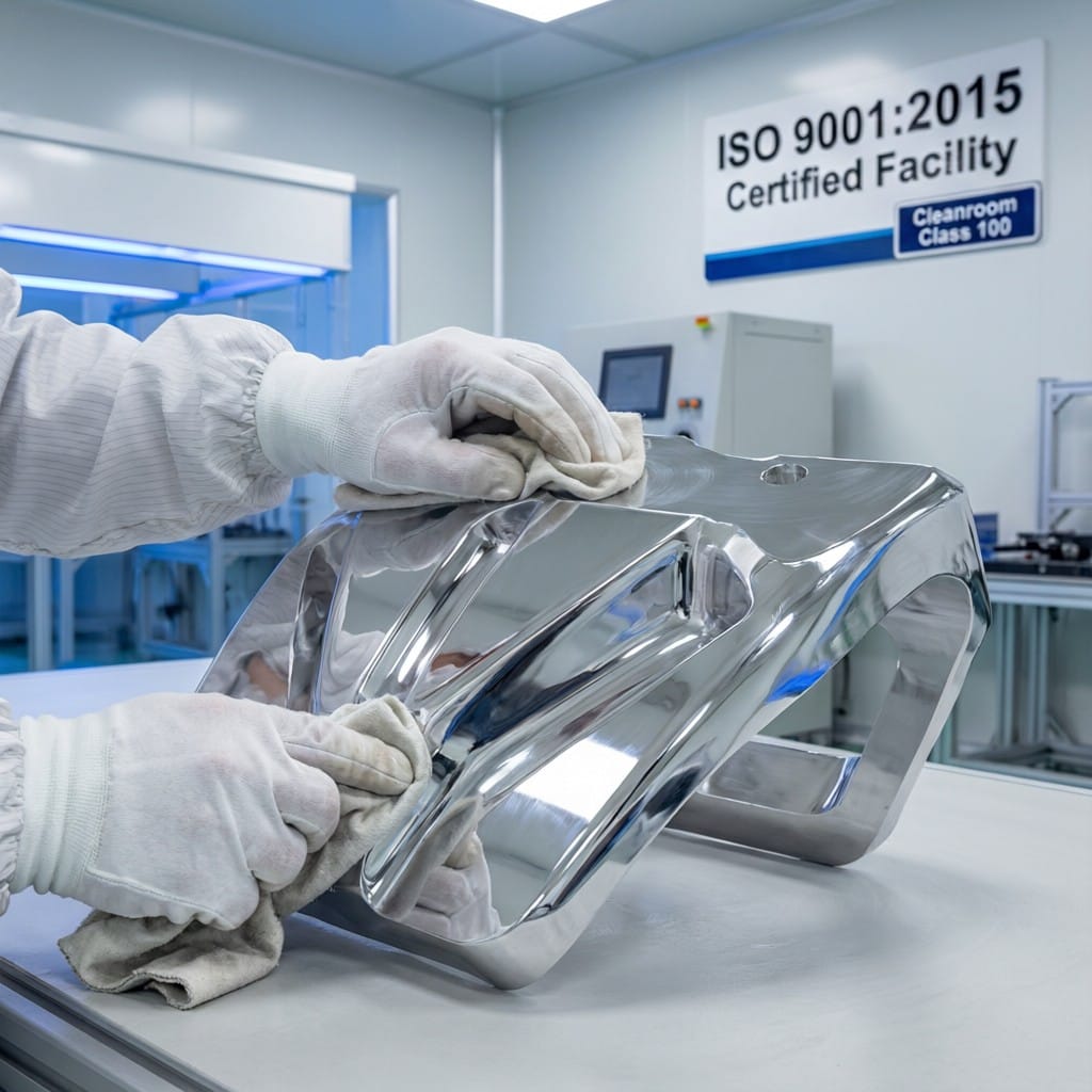 Technician polishing aluminum alloy shell to achieve optical mirror finish in certified manufacturing facility