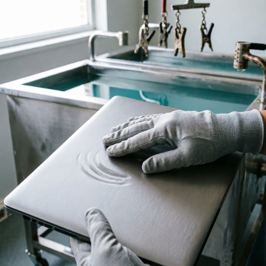Technician testing anti-fingerprint coating on anodized aluminum laptop shell in manufacturing facility