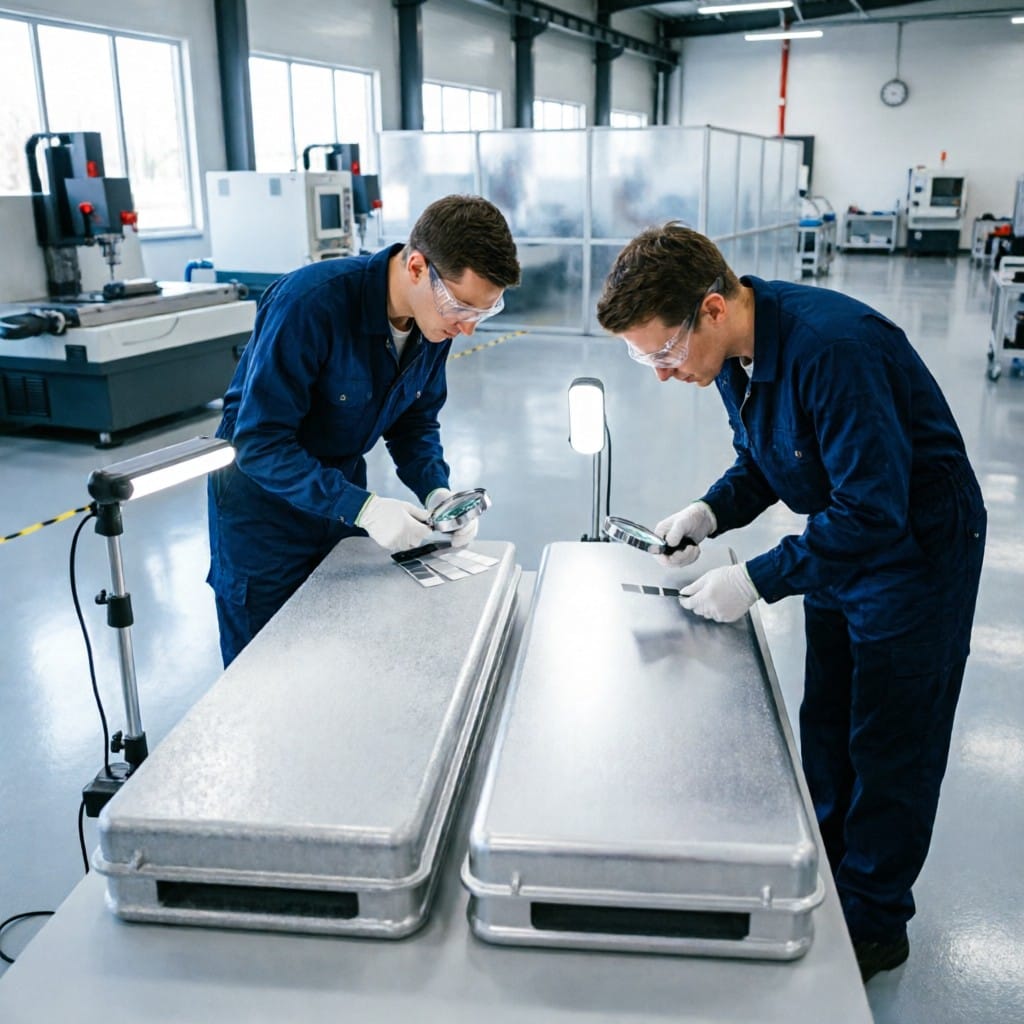 Technicians comparing bead-blasted vs sand-blasted aluminum enclosures under controlled lighting in factory