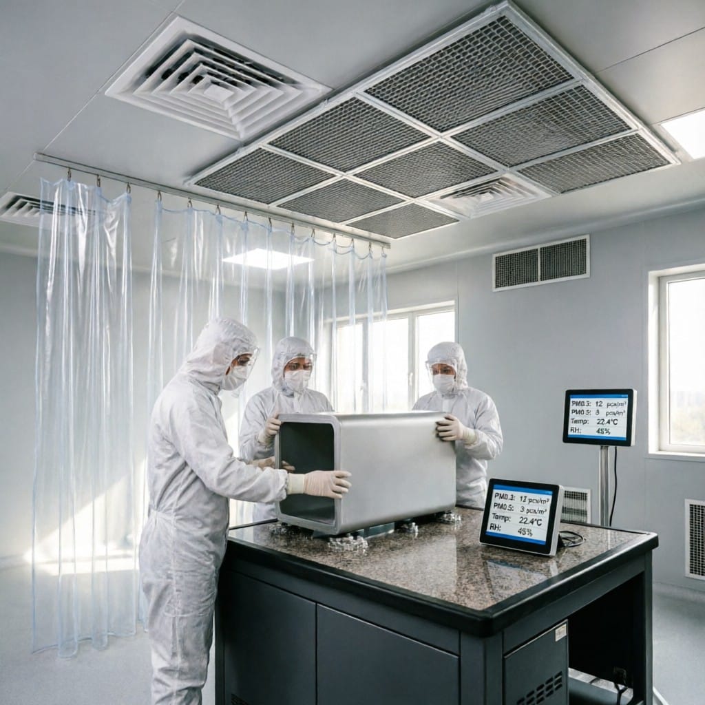 Technicians installing aluminum alloy instrument enclosures in ISO Class 5 cleanroom with real-time air quality monitors