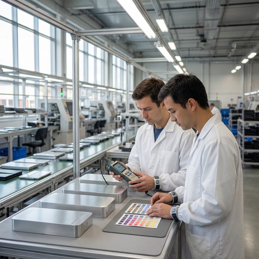 Technicians measuring Delta-E color deviation on aluminum enclosures under standardized lighting conditions