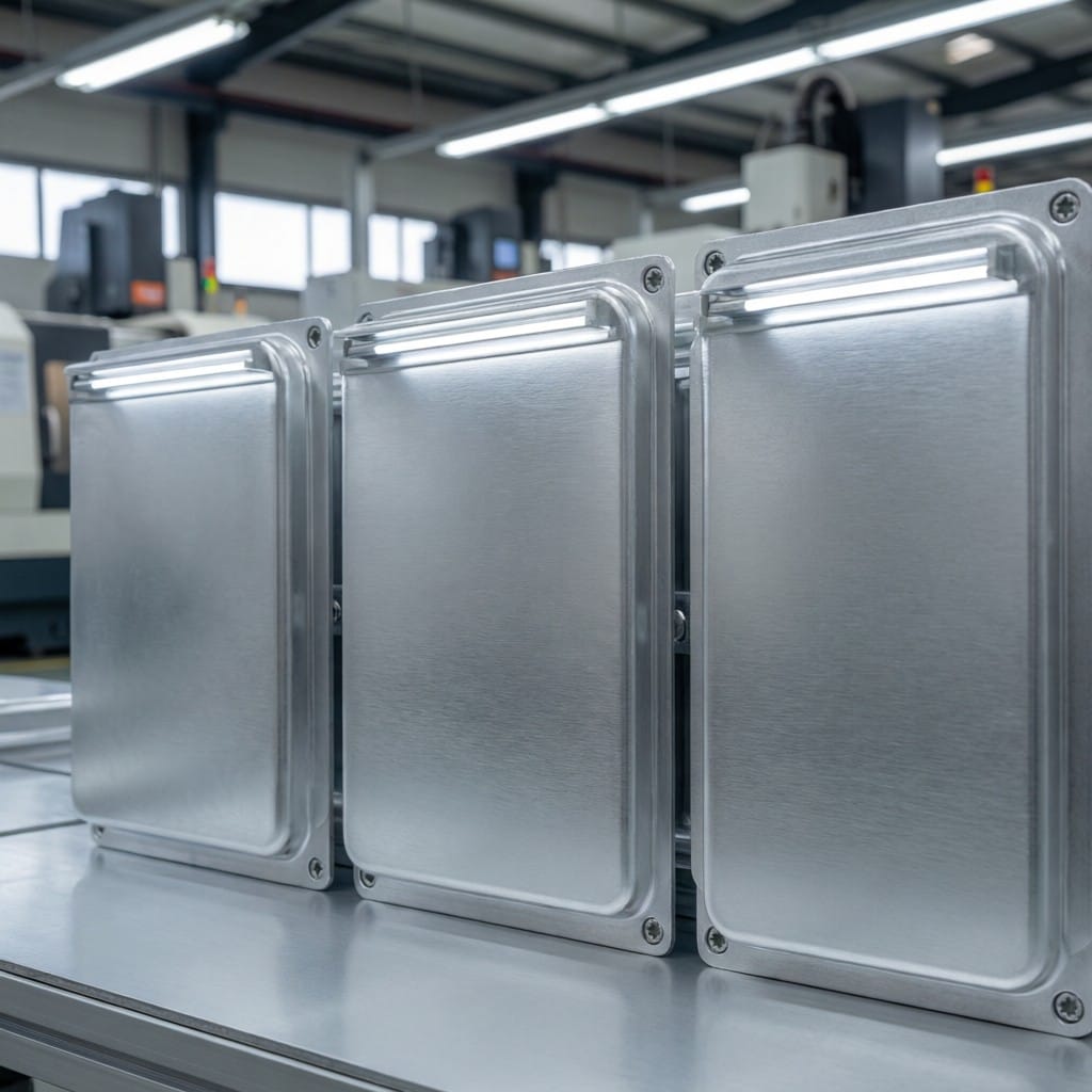 Three aluminum alloy shells demonstrating perfect batch-to-batch chromatic uniformity under production lighting