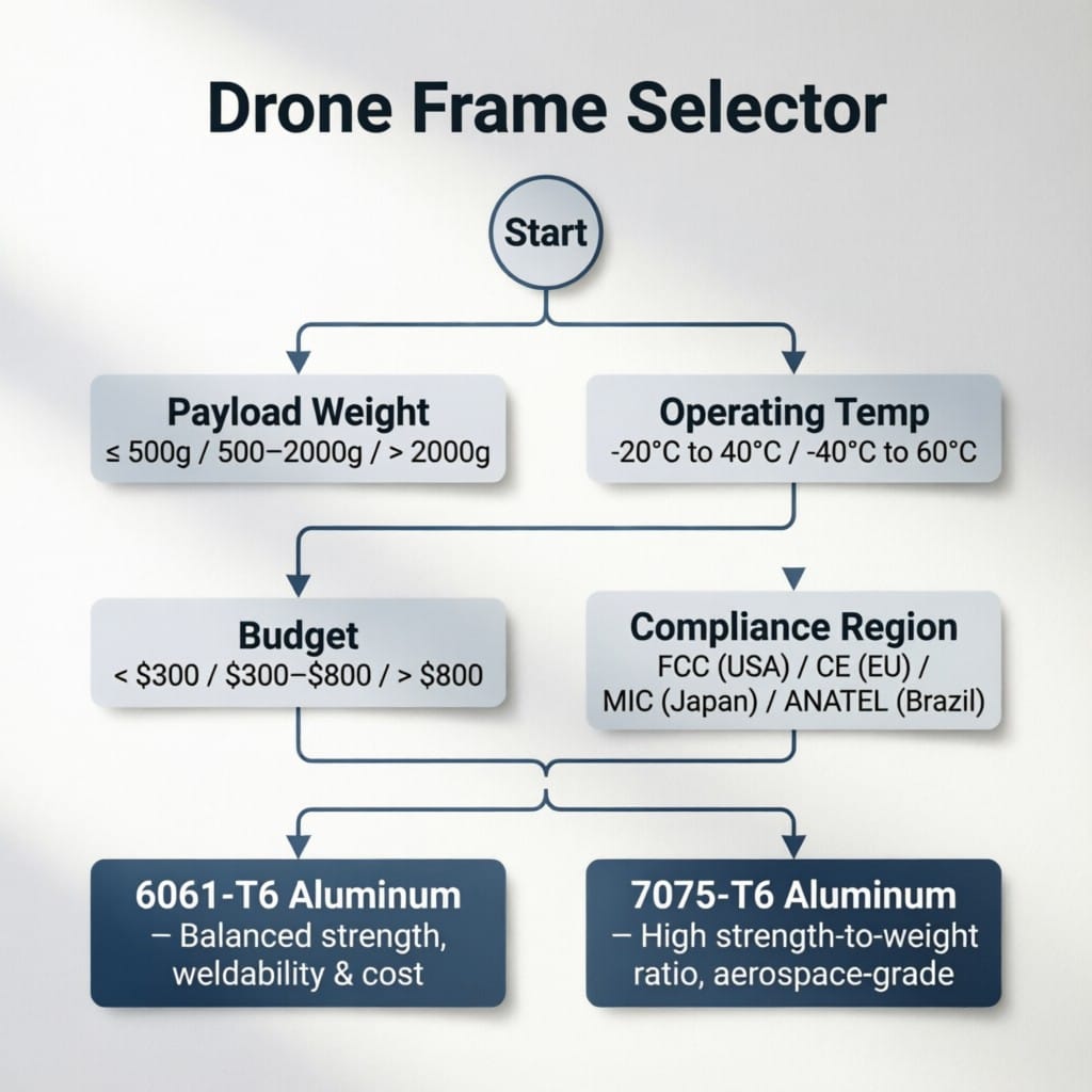 Visual decision tree for selecting 6061-T6 vs 7075-T6 drone frames based on application parameters